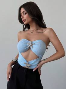 Firerie Traje de baño casual de vacaciones para mujeres, sexy y encantador para festivales de música y vacaciones, diseño calado en color azul con decoración de estrella de mar metálica, ajustado y refinado