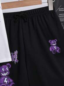 Set de 2 piezas para niño preadolescente con camiseta de cuello redondo blanca casual deportiva y pantalones cortos negros con estampado de oso europeo y americano de graffiti, adecuado para ropa de niños, atuendos de niño pequeño, de vuelta al cole, apto para fiestas de cumpleaños, fiestas de noche, actuaciones, bodas, bautizos, ceremonias de apertura, apto para uso diario, apto para la escuela, apto para viajes, apto para deportes, apto para primavera y verano
