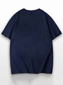 Camiseta de manga corta con estampado gráfico de lema en inglés de estilo americano minimalista casual, con diseño divertido de bate de béisbol "Tung Tung Tun Sahur" - Azul Marino - Ver 2