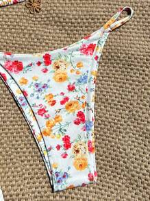 SHEIN Swim 2 件套碎花高腰丁字裤比基尼，多色女式泳衣海滩度假泳衣 - 彩色 - 查看 5