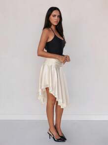 Roylia Women Elegant Satin Pleated Asymmetric Ruffle Hem Skirt - Apricot - View 4