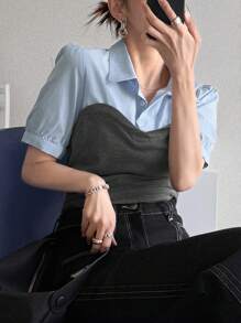 FRIFUL Camicia da donna con maniche a palloncino e blocchi di colore 2 in 1