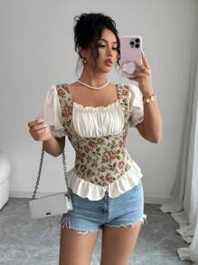 SHEIN Clasi Women's Elaborate Jacquard Puff Sleeve Ruffle Hem Blouse - Multicolor - View 5