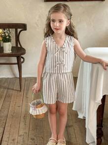 LMoss Kids 2 件套：V 领开衫和短裤，年轻女孩，编织条纹图案