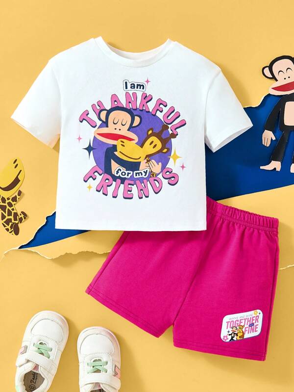 Paul Frank X SHEIN Baby Girl Cartoon Giraffe & Monkey Print White Casual Short Sleeve T-Shirt And Pink Cute Loose Shorts Set