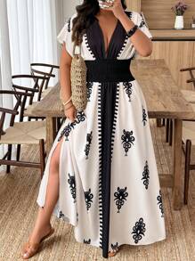 Weeklong Vestido de mujer de talla grande con cuello en V profundo, manga corta con volantes y estampado de vacaciones