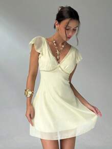 Aloruh 优雅性感荷叶边袖A字型深V领迷你连衣裙，女款，后系带 - 黃色 - 查看 7