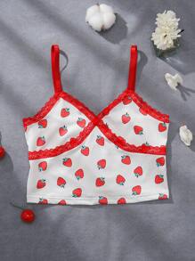 Girls' Strawberry Print Camisole, Comfortable And Sweet Top For Pre-Teens