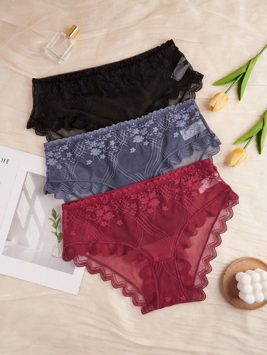 SHEIN 3pcs/Set Plus Size Lace & Mesh Panty Set - Multicolor - View 1