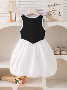 SHEIN Girls 3D Floral Decor Contrast Color Block Lantern Skirt Design, Suitable For Casual Daily Wear - Multicolor - View 2