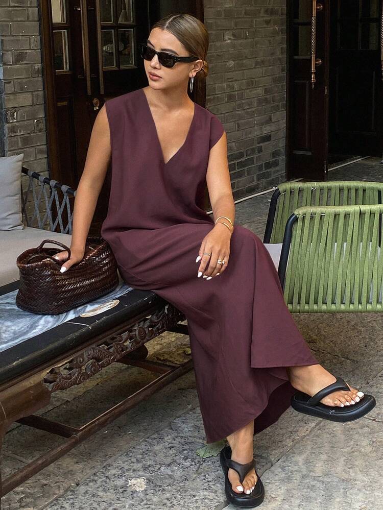 Solid Color V-Neck Casual Loose Long Dress For Women, Sleeveless, Summer Linen Maxi Dress