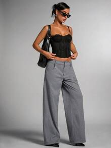 SHEIN BAE 女士灰色纯色通勤休闲/办公装/老款风/时尚出游/秋冬保暖羊毛斜纹直筒长裤/冬季女裤