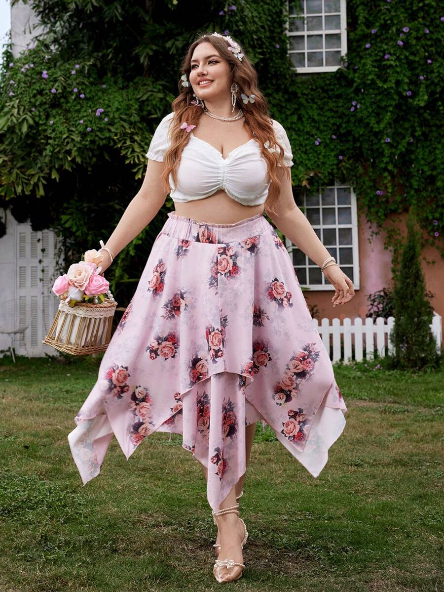 Flirla 大码女式松紧腰不对称下摆印花半身裙，浪漫优雅，适合派对、度假 - 彩色 - 查看 1