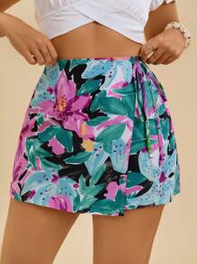 Travachic Quần short đi biển họa tiết cây xanh nhiều màu, quần culottes rộng rãi, lãng mạn, mùa hè cho bãi biển - Màu xanh lam - Xem 6