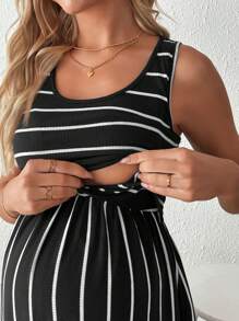 SHEIN Maternity Pregnancy Casual Striped Sleeveless Nursing Dress, Summer - Black and White - View 6