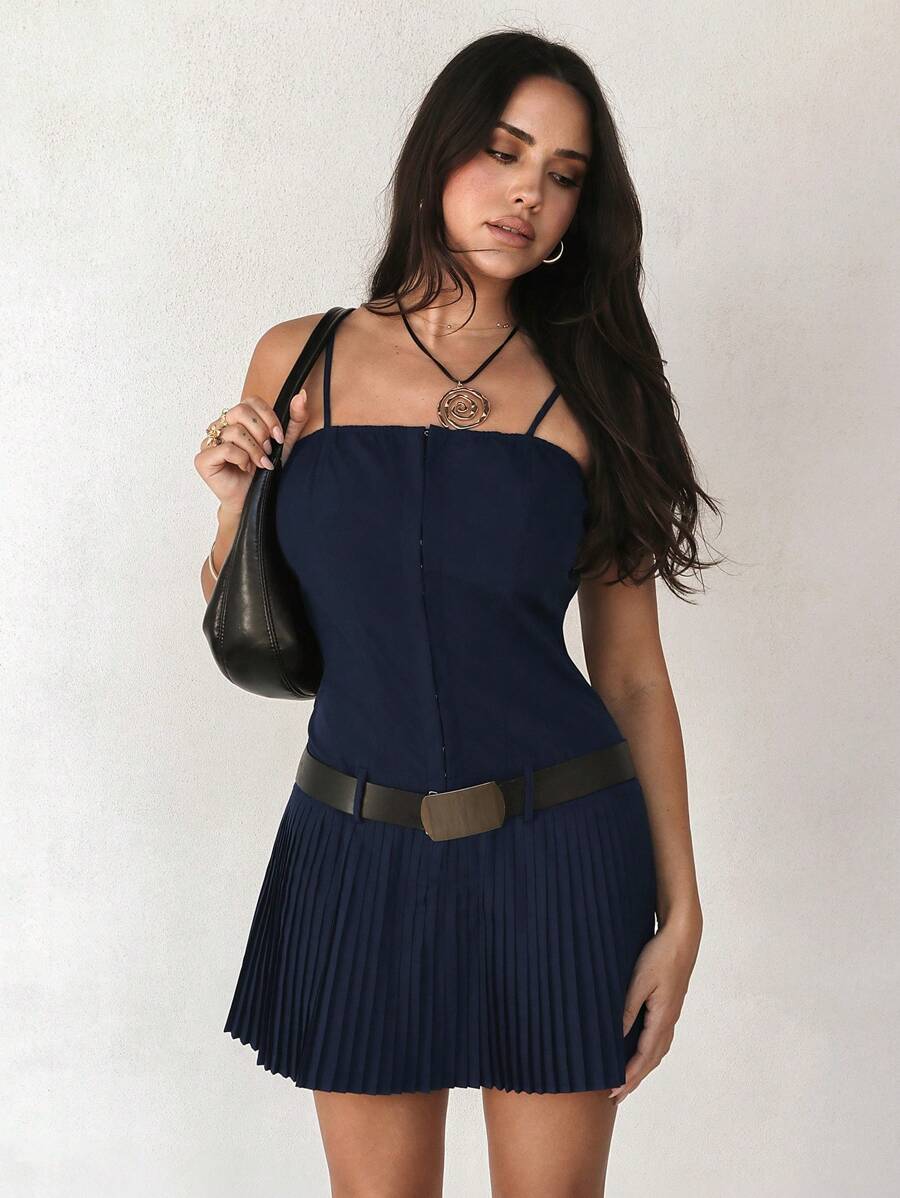 Roylia Fashionable New Stylish Waist Belt Pleated Suspender Dress For Women