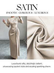 Elenzga Vestido largo con manga larga, escote en hombros fruncidos, corte de seda satinado con abertura lateral, elegante atuendo de mujer