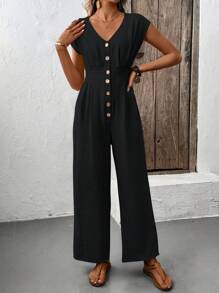 SHEIN LUNE Women's Casual Solid V-Neck Batwing Sleeve Single-Breasted Jumpsuit, Summer