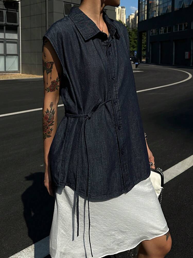 Women's Casual Side Tie Sleeveless Open-Front Loose Denim Vest