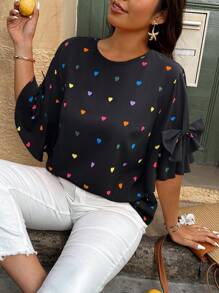 Breezaya Plus Size Random Print Round Neck Bow Decor Casual Shirt - Black - View 1