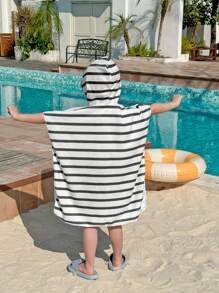 SHEIN 1pc Young Boys' Casual Cartoon Crab Striped Hooded Sleeveless Romper Swimsuit Robe, Suitable For Spring/Summer, Beach/Water Activities - Multicolor - View 4