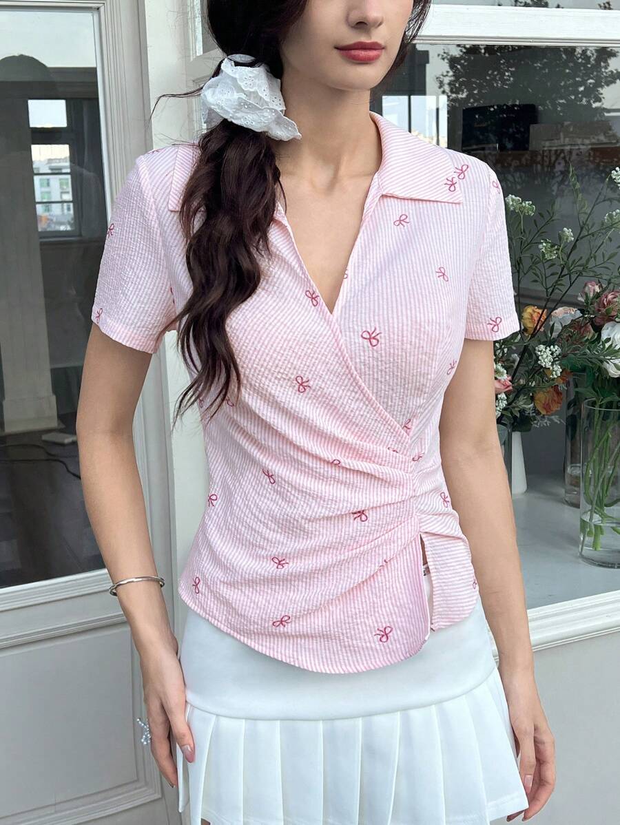 SHEIN MOD Women's Shirt With Bow Polka Dot Print Bubble Chiffon Stripe - Pink - View 1