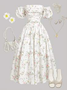 Girlism Teen Girl's Open Shoulder Puff Sleeve Ditsy Floral White Mid-Length Tea Party Dress,Boho Clothing,Easter Dress,Holiday Family Outdoor Spring Picnic Everyday Wear,Suitable For Various Occasions,Music Festival Bridesmaids Dress,,Suitable For Parties, Weddings, Garden Events, Commuting Elegance,,Shopping, Suitable For Weddings,Birthday Parties,Dances And Bridesmaids Occasions - Multicolor - View 1