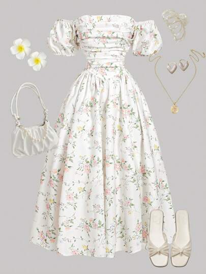 Girlism Teen Girl's Open Shoulder Puff Sleeve Ditsy Floral White Mid-Length Tea Party Dress,Boho Clothing,Easter Dress,Holiday Family Outdoor Spring Picnic Everyday Wear,Suitable For Various Occasions,Music Festival Bridesmaids Dress,,Suitable For Parties, Weddings, Garden Events, Commuting Elegance,,Shopping, Suitable For Weddings,Birthday Parties,Dances And Bridesmaids Occasions