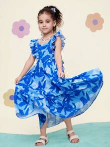 Vestido informal de gasa con estampado floral diminuto y volantes en el bajo para niñas jóvenes