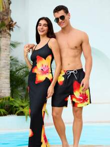 Manfinity VDAYZ Men's Floral Print Drawstring Waist Beach Shorts, Summer