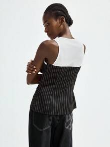 Maija 2025 Muttertags Moderne Stadt Frauen Ärmellose Schwarz & Weiß Kontrast 2-in-1 Rundhalsbluse, bequem für Frühling/Sommer Pendelverkehr, Vintage Stil