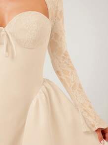 SHEIN SXY 卡其色短裙拼接蕾丝长袖公主芭蕾短裙性感迷你连衣裙