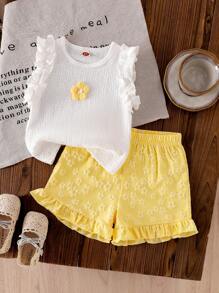 SHEIN Conjunto de colete e short amarelo com babados, malha jacquard marfim, para meninas pequenas, roupa de verão fofa e adorável para bebês