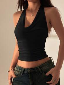 SHEIN PETITE Canotta estiva da donna con schiena scoperta e collo alto, di colore tinta unita