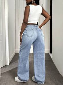 Slaydiva Damen blaue Loose Fit Jeans mit aufgerissenem Patch und weitem Bein Lässig - Blau - Übersicht 2