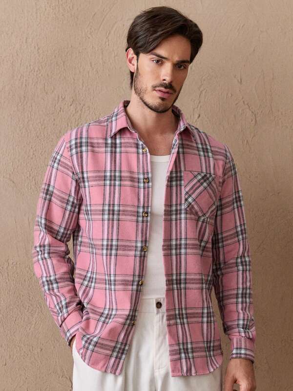 GENTILAND Men Front Button Shirt Collar Long Sleeve Pocket Plaid Minimalist Top