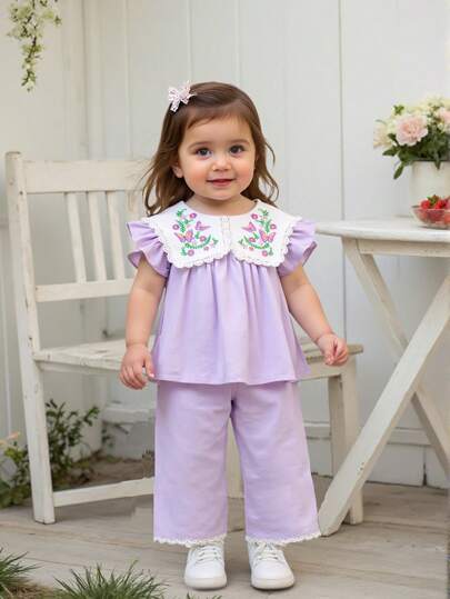 SHEIN 女宝宝休闲可爱花卉图案刺绣上衣和裤子两件套，适合春夏季度假旅行