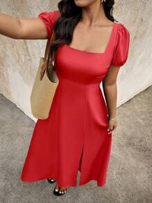 Breezaya Damen Kleid mit einfarbigen aufgeblähten Ärmeln, quadratischem Ausschnitt, Schleife hinten, Schlitz am Saum, aus gewebtem Material