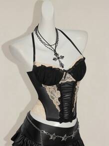 SHEIN ICON Áo yếm ren phối màu phong cách Y2K cổ điển cho mùa xuân và mùa hè - Đen và trắng - Xem 3