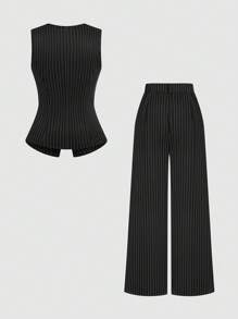 Sweetra Conjunto de traje de talla grande con chaleco de impresión de rayas blancas y negras de un solo botonadura y pantalones plisados de pierna ancha