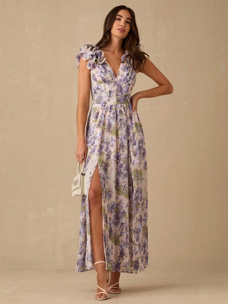 Enchnt 女式优雅花卉印花开衩荷叶边下摆夏季连衣裙 - 彩色 - 查看 1