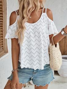 SHEIN LUNE Camiseta de mujer de verano minimalista de unicolor con bordado calado y hombros descubiertos