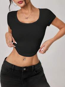 SHEIN PETITE Women's Casual Simple Round Neck Cap Sleeve Fitted Crop T-Shirt Top, Black, Suitable For Summer Suitable For Going Out - Black - View 1