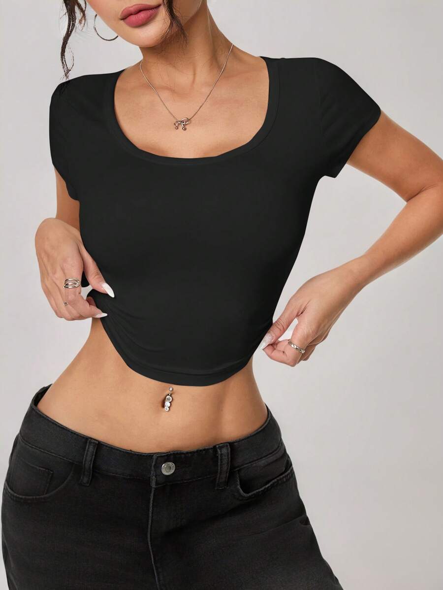 SHEIN PETITE Women's Casual Simple Round Neck Cap Sleeve Fitted Crop T-Shirt Top, Black, Suitable For Summer Suitable For Going Out - Black - View 1
