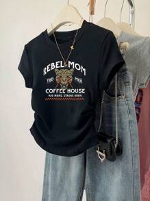 SHEIN Women's Tiger Print Side Ruched Waist Tee - Black - View 3