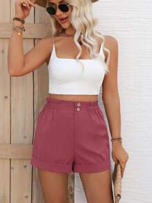 Breezaya 女士休闲纯色纽扣袖口下摆短裤，夏季 - 珊瑚粉 - 查看 5