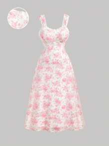 SHEIN MOD Plus Size Women's Summer Pink Ditsy Floral Lace Stitching Dress,Elegant Graduation Holiday Long Vacation White,Tropical,Beach Dress,Feminine - Pink - View 2