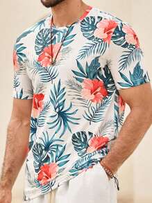 Manfinity VCAY T-shirt à col ras du cou tricoté pour hommes, manches courtes, avec imprimé feuilles et fleurs, convient pour l'été