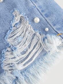 SHEIN Girlism Shorts di jeans eleganti da ragazza tween, lavaggio chiaro, effetto vissuto, con fiocco, inserti in tasche, perle finte e orlo sfrangiato, adatti per vacanze primaverili ed estive, festival