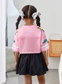 SHEIN SLAYR KIDS Young Girl Knit Numeric Pattern V-Neck Loose Casual T-Shirt